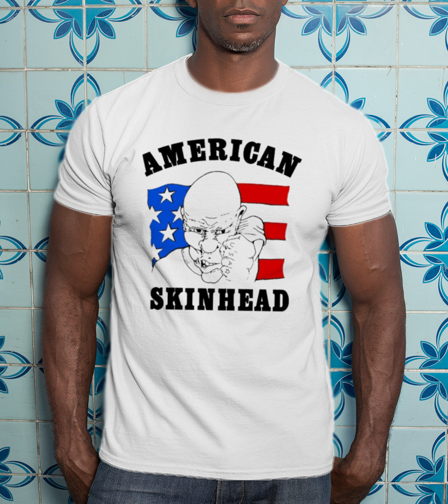 American Skinhead USA Bald Character With Flag Stars And Stripes T-Shirt