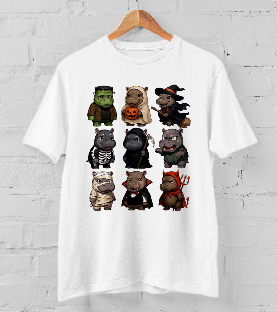 Baby Hippo Frankenstein Ghost Witch Skeleton Grim Reaper Zombie Mummy Dracula Devil Halloween 2025 T-Shirt