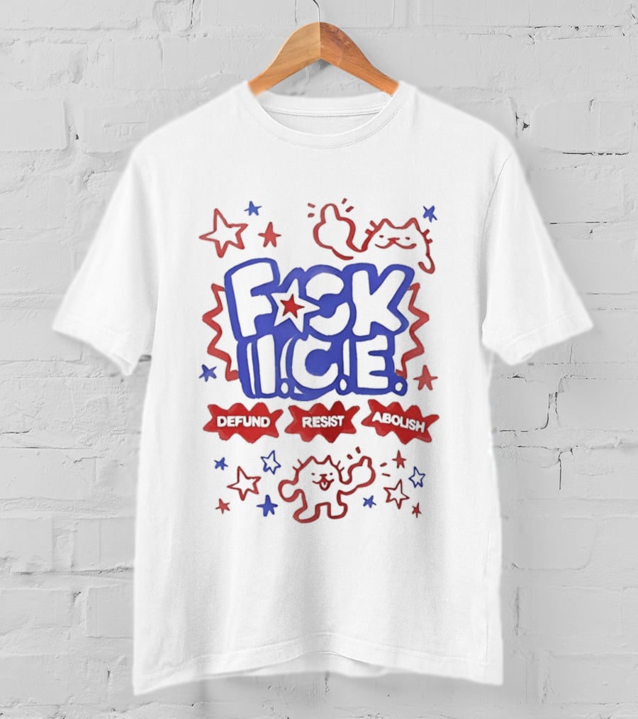 F*ck I.C.E. Defund Deport Abolish Cat Stars 1776 2026 American Flag T-Shirt