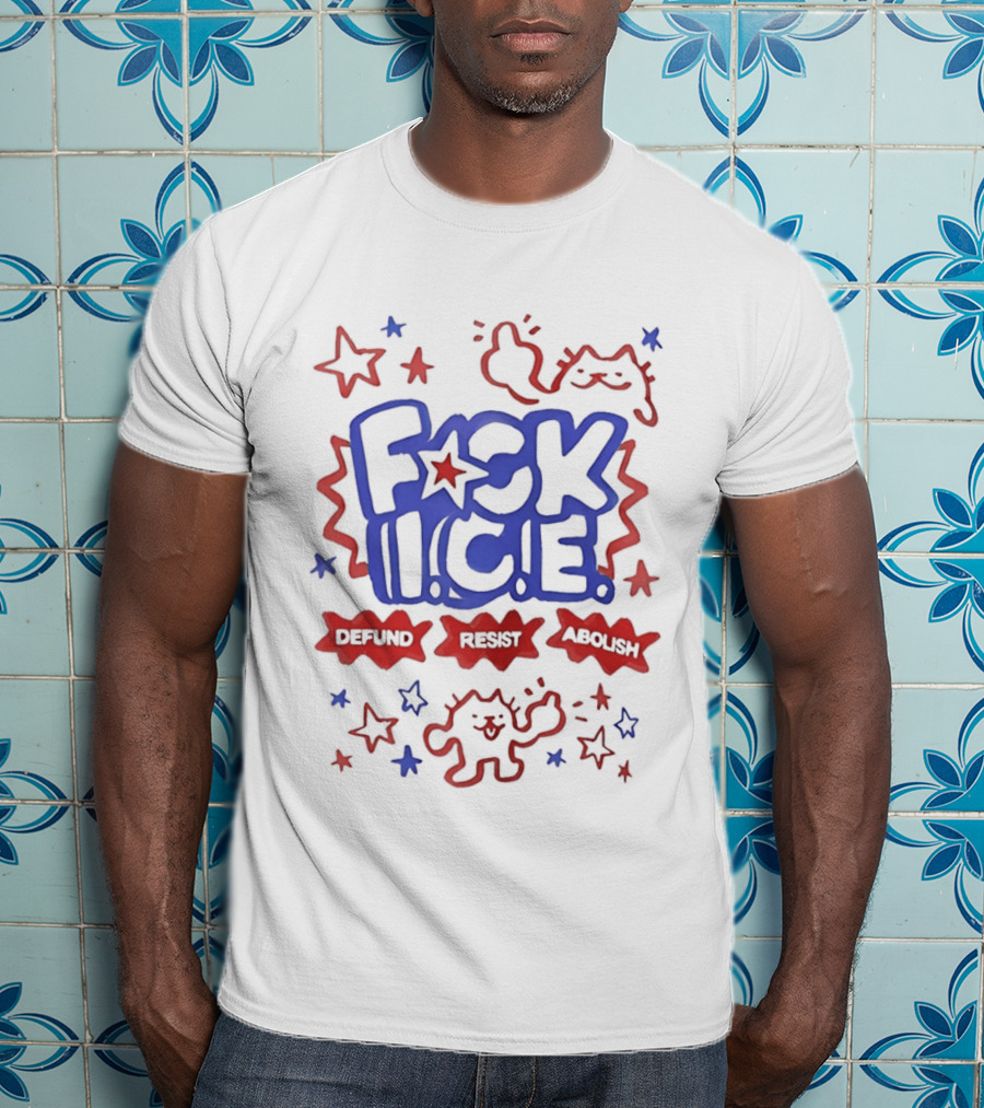F*ck I.C.E. Defund Deport Abolish Cat Stars 1776 2026 American Flag T-Shirt