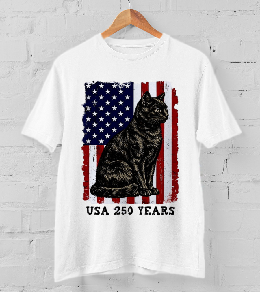 USA 250 Years Liberty Cat American Flag T-Shirt