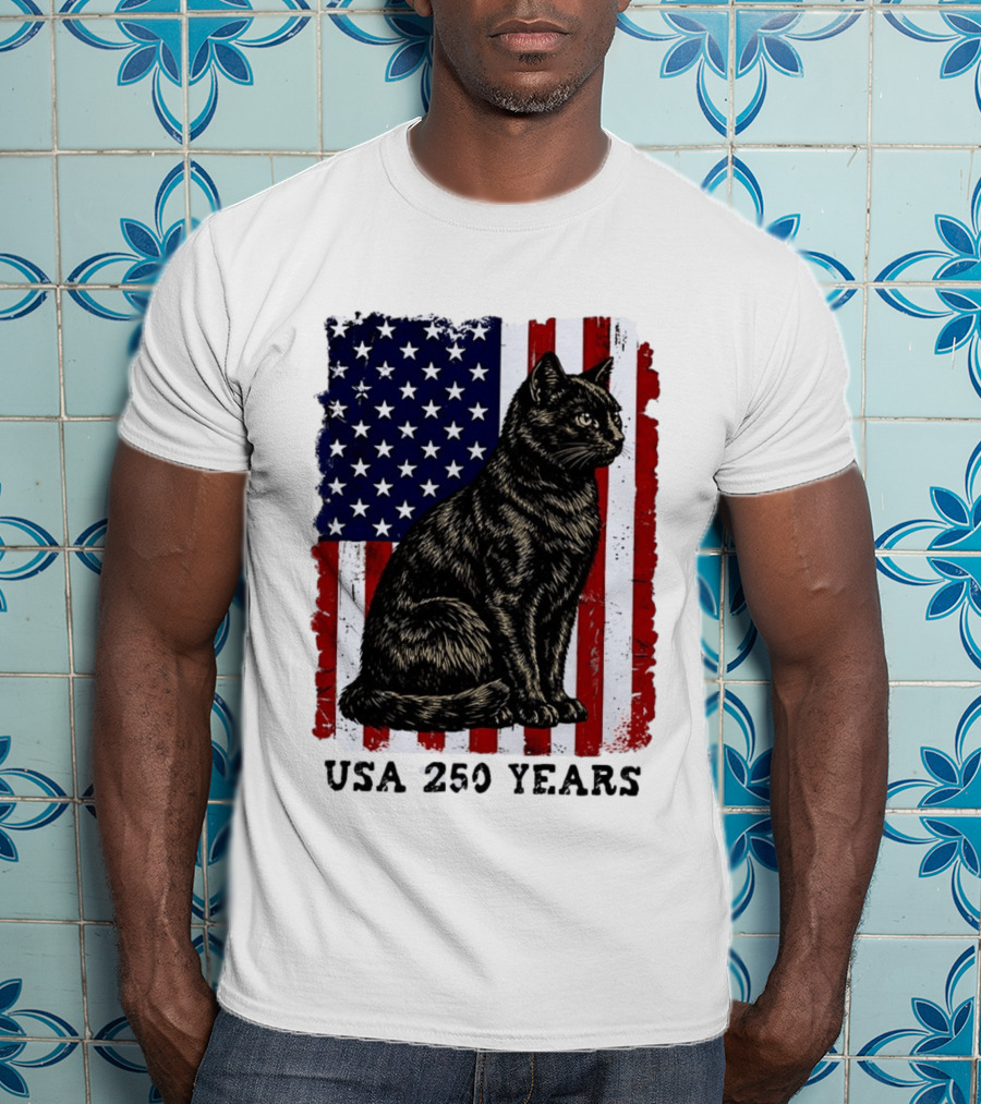 USA 250 Years Liberty Cat American Flag T-Shirt