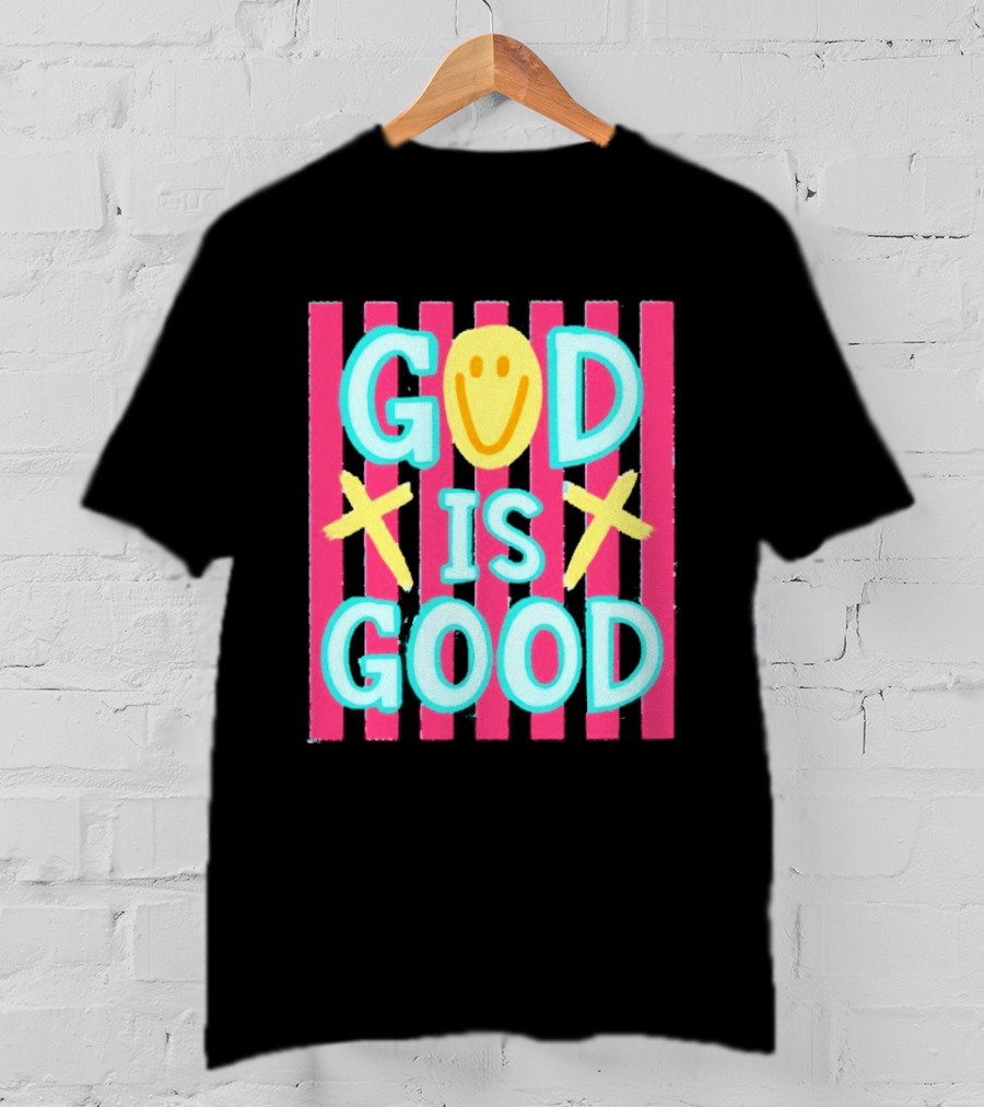 God Is Good Smiley Face Crosses Pink Stripes T-Shirt