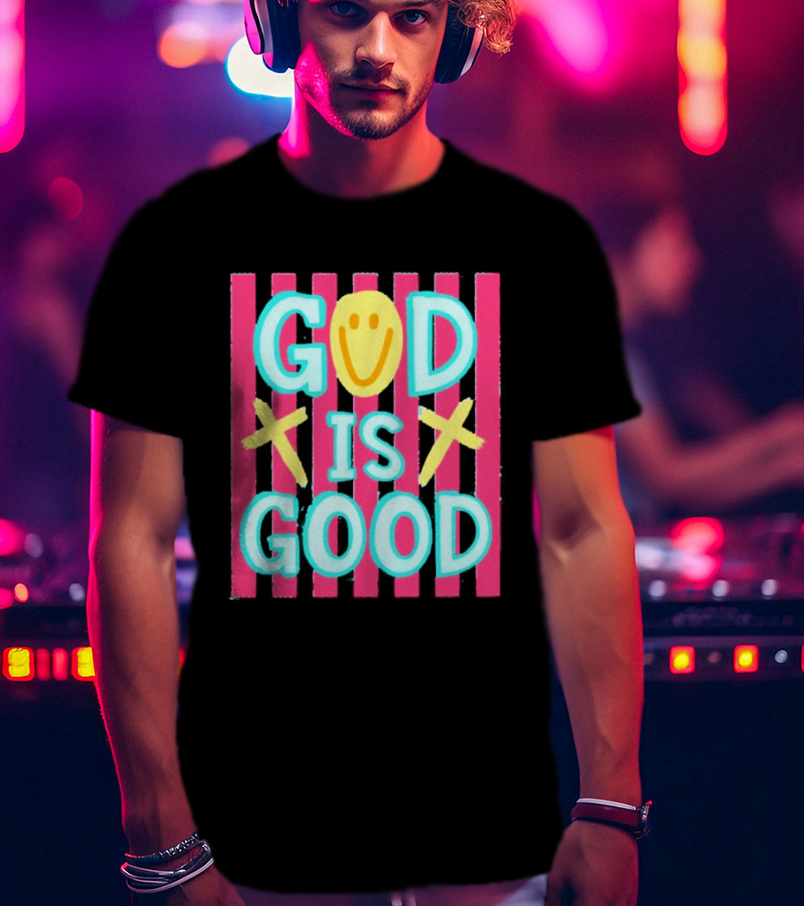 God Is Good Smiley Face Crosses Pink Stripes T-Shirt