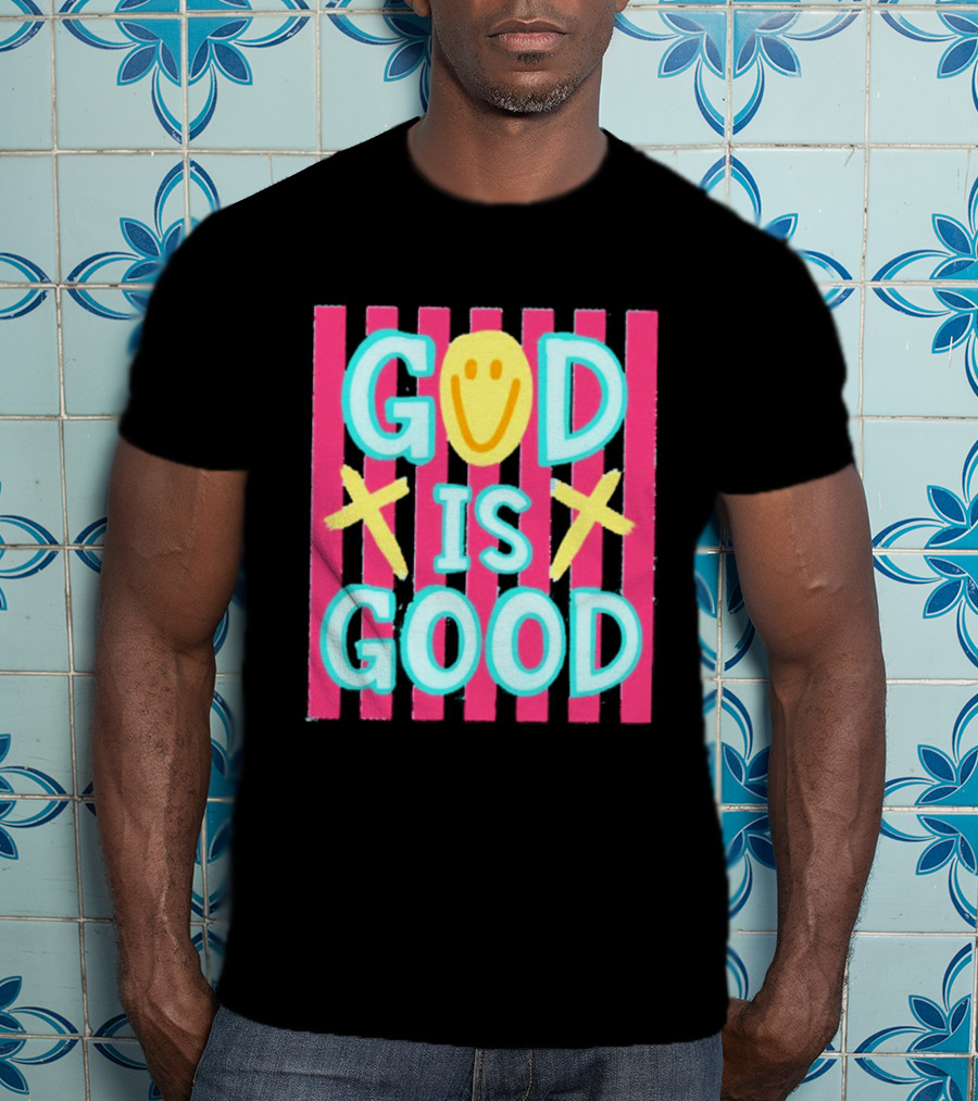 God Is Good Smiley Face Crosses Pink Stripes T-Shirt