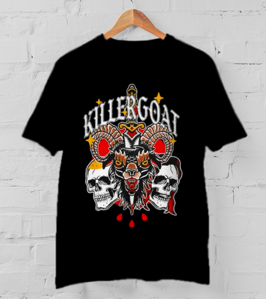 Killer Goat Skull Blood Drops And Horned Beast With Skulls And Sword T-Shirt