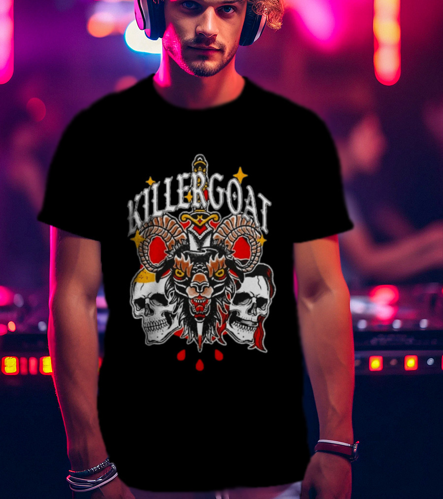 Killer Goat Skull Blood Drops And Horned Beast With Skulls And Sword T-Shirt