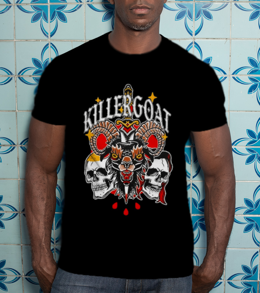 Killer Goat Skull Blood Drops And Horned Beast With Skulls And Sword T-Shirt