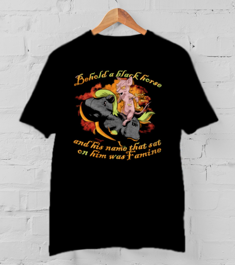 Behold A Black Horse And His Name That Sat On Him Was Famine Text With Cartoon Demon Rider T-Shirt