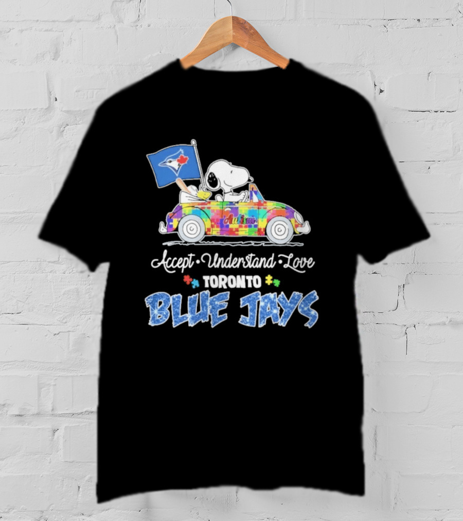 Snoopy Woodstock Driving Car Toronto Blue Jays Autism Awareness Accept Understand Love T-Shirt