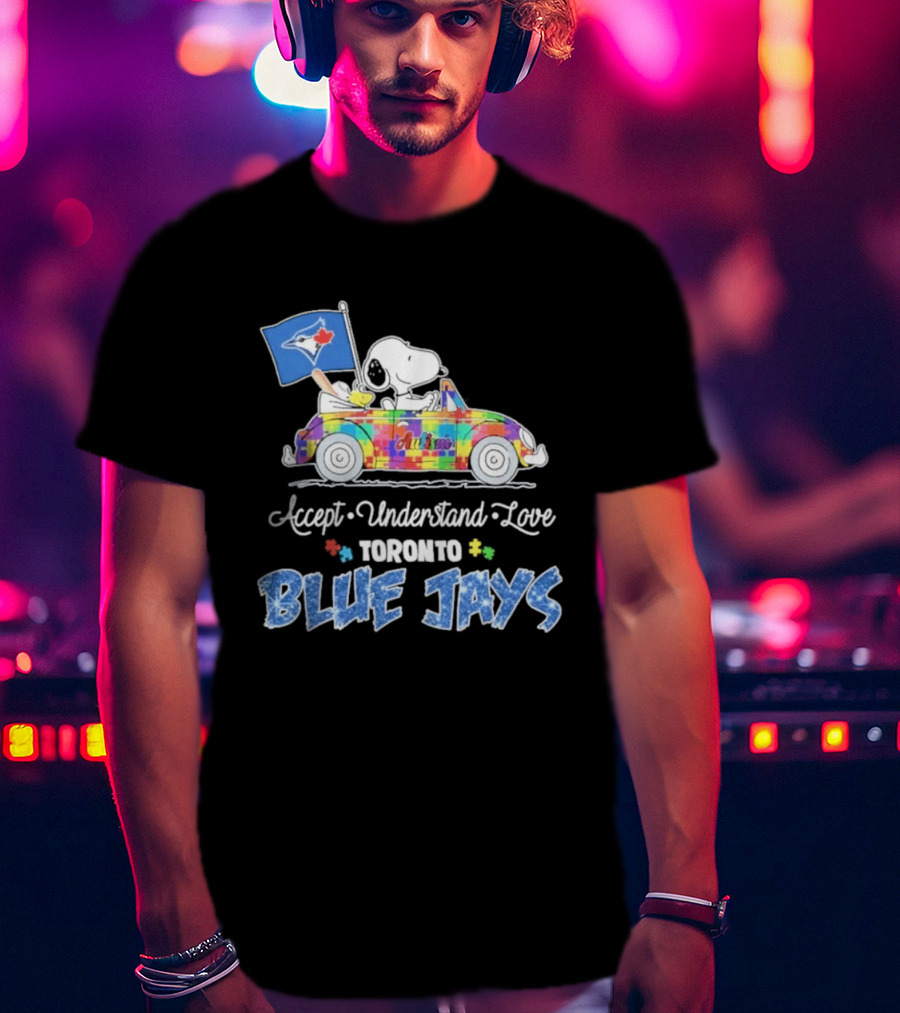 Snoopy Woodstock Driving Car Toronto Blue Jays Autism Awareness Accept Understand Love T-Shirt