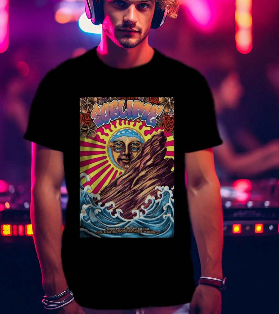 Sublime April 18 2026 Red Rocks Amphitheatre Morrison CO Performing Their Greatest Hits Sun Ocean Waves T-Shirt