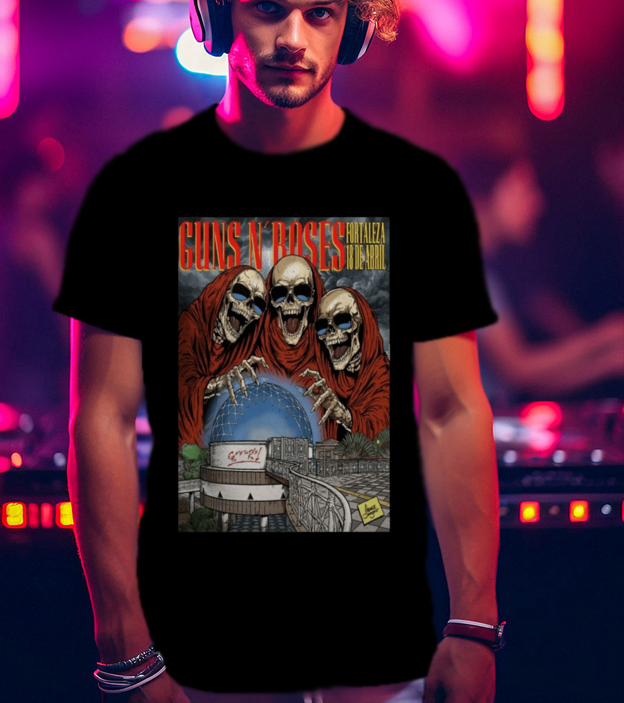 Guns N' Roses Fortaleza 18 De Abril Skeleton Red Hooded Figures Concert T-Shirt