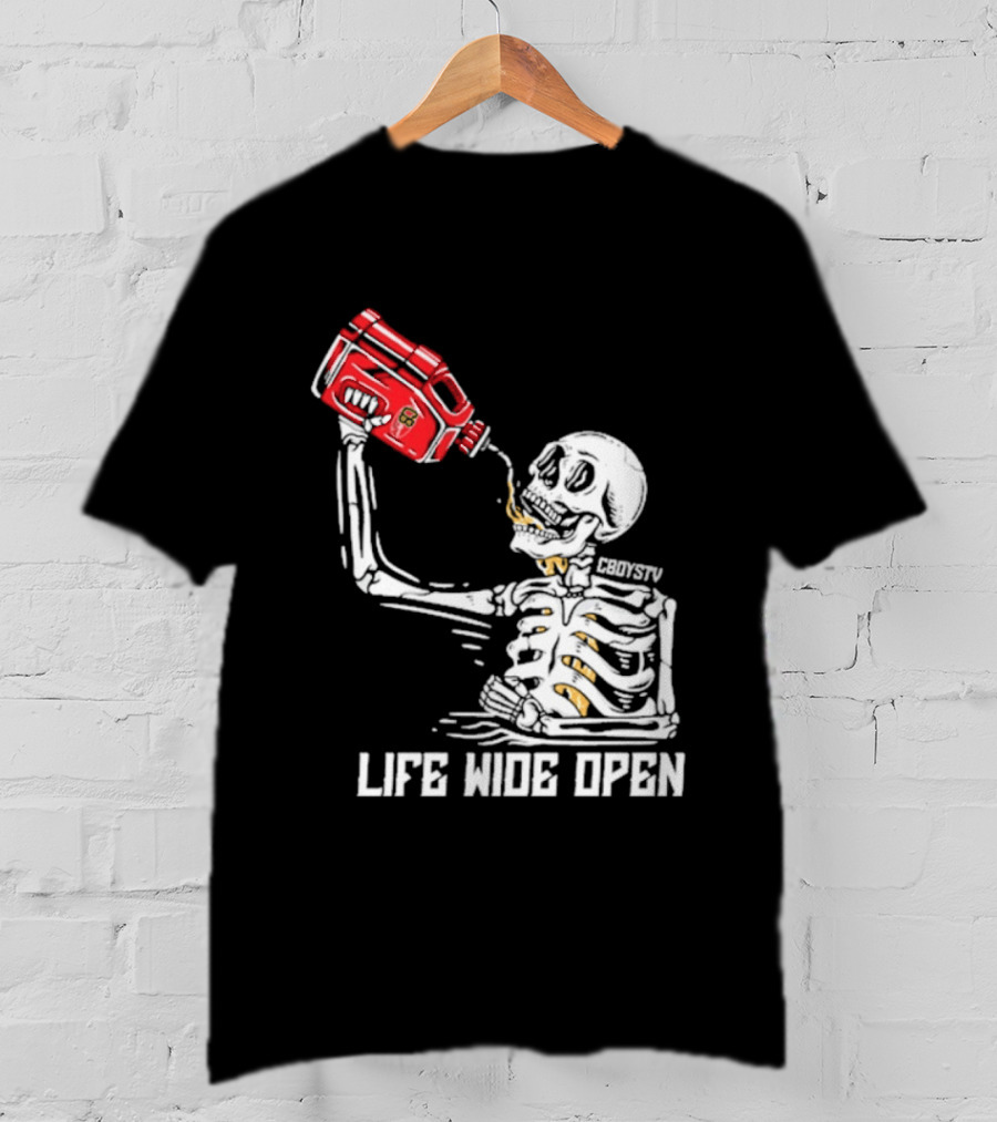 Cboystv Life Wide Open Skeleton Drinking Soul Fuel T-Shirt