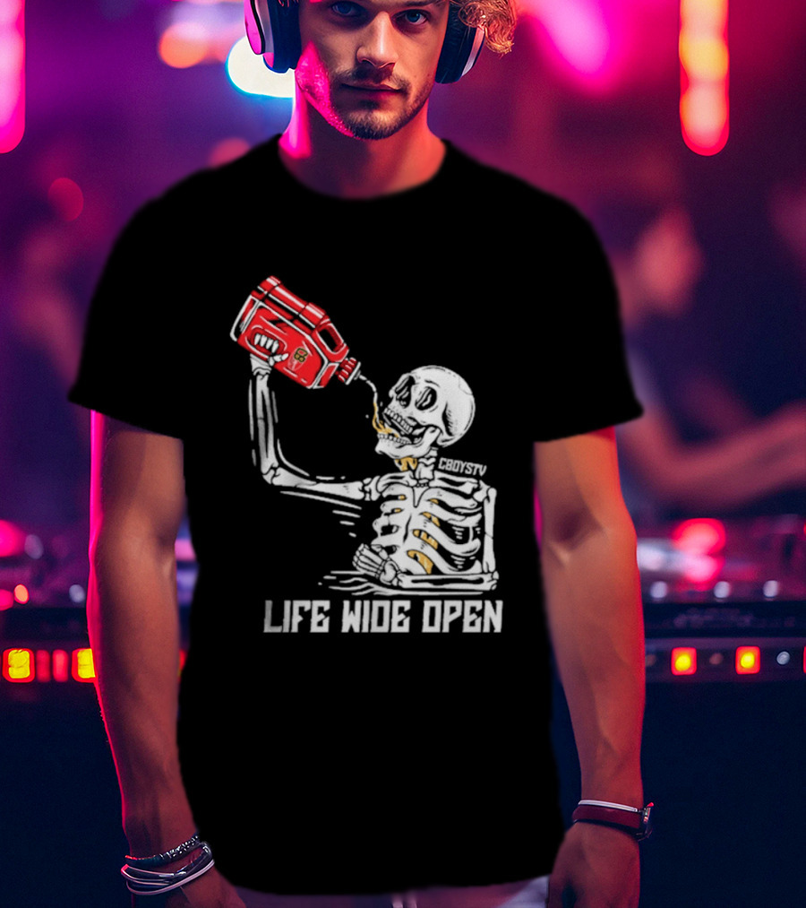 Cboystv Life Wide Open Skeleton Drinking Soul Fuel T-Shirt