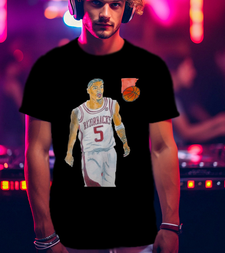Arkansas Razorbacks Basketball Darius Acuff Jr. Caricature Player Number 5 T-Shirt