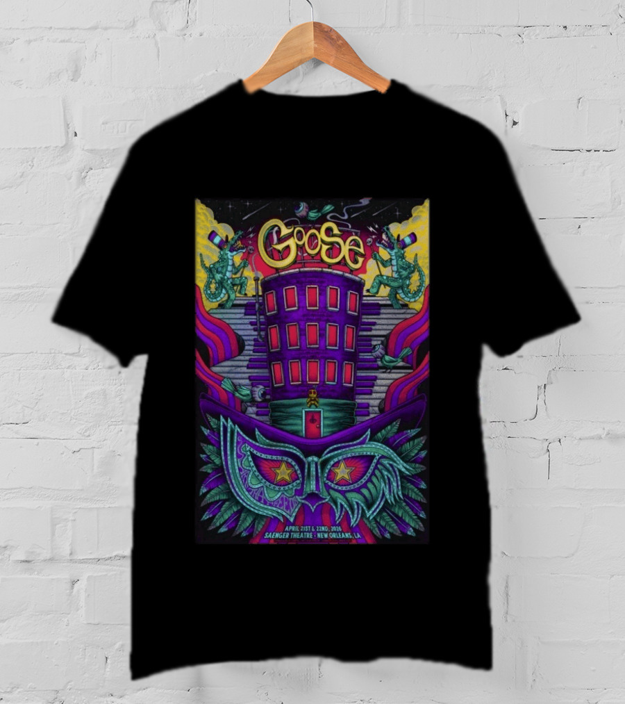 Goose Saenger Theatre New Orleans LA April 21 22 2026 Mardi Gras Gators Mask Art Deco T-Shirt