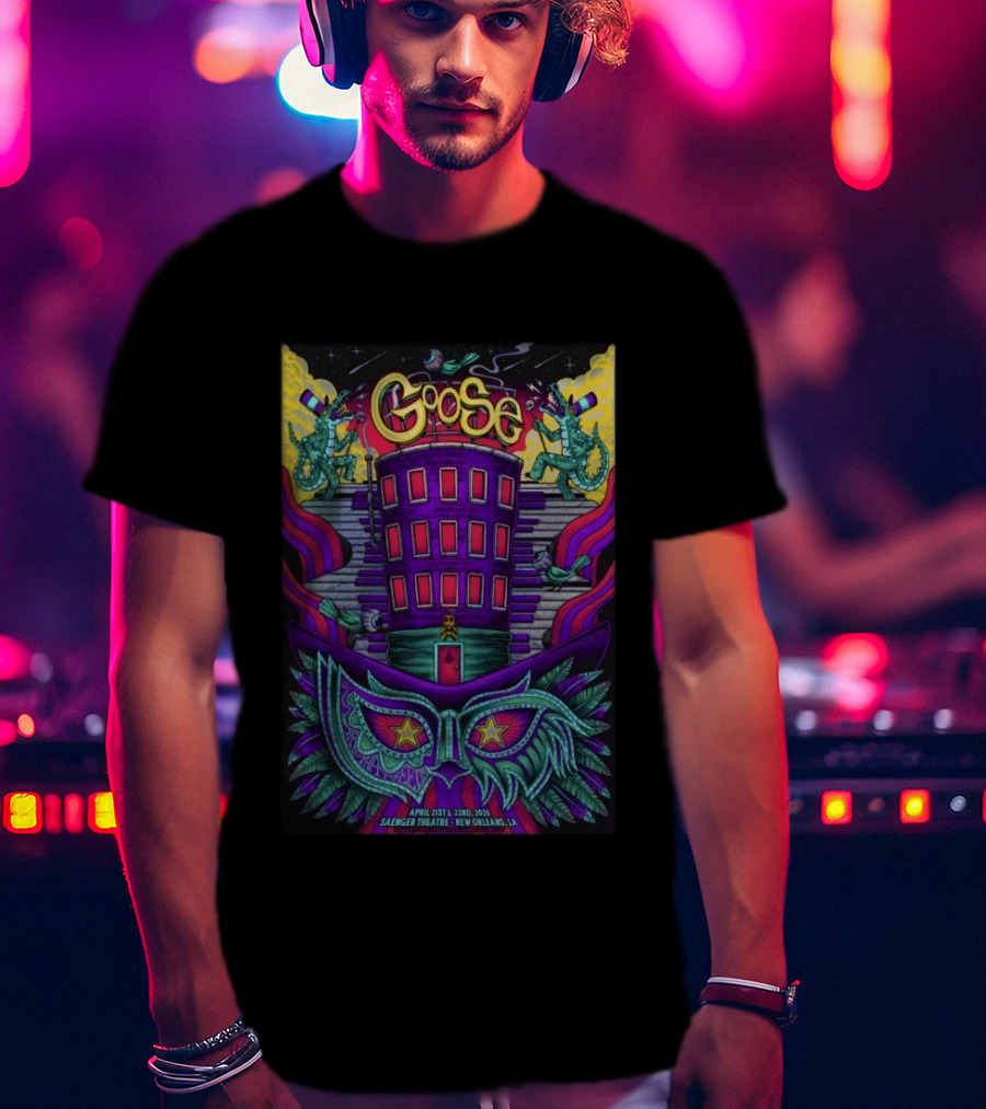 Goose Saenger Theatre New Orleans LA April 21 22 2026 Mardi Gras Gators Mask Art Deco T-Shirt