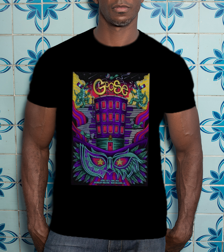 Goose Saenger Theatre New Orleans LA April 21 22 2026 Mardi Gras Gators Mask Art Deco T-Shirt