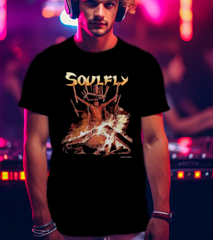 Soulfly Chama Tribal Warrior With Flaming Bonfire T-Shirt