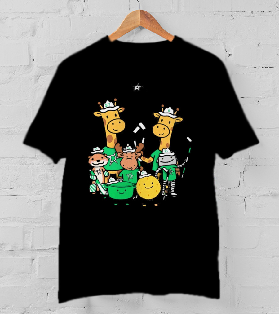 Dallas Stars Cartoon Characters Family Fun With Giraffe Moose Dog Bear And Cat T-Shirt