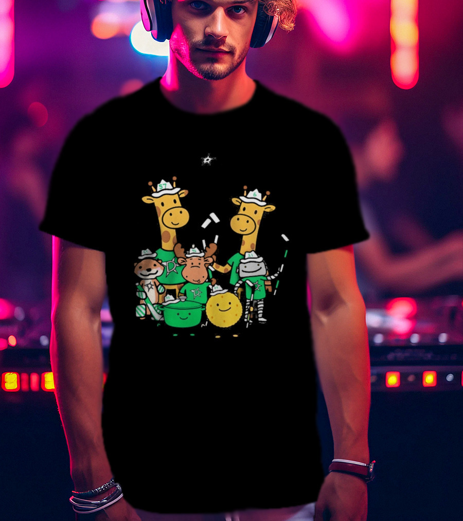 Dallas Stars Cartoon Characters Family Fun With Giraffe Moose Dog Bear And Cat T-Shirt