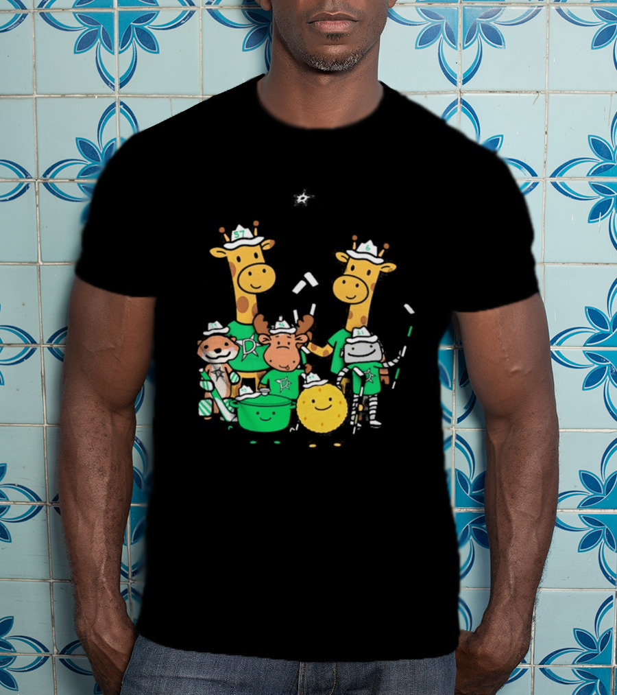 Dallas Stars Cartoon Characters Family Fun With Giraffe Moose Dog Bear And Cat T-Shirt