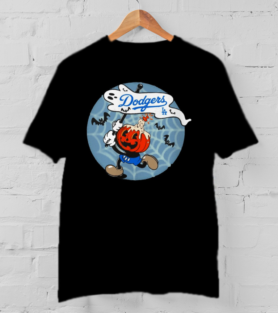 Los Angeles Dodgers Halloween Pumpkin Head Vintage Cartoon With Bats And Webs T-Shirt