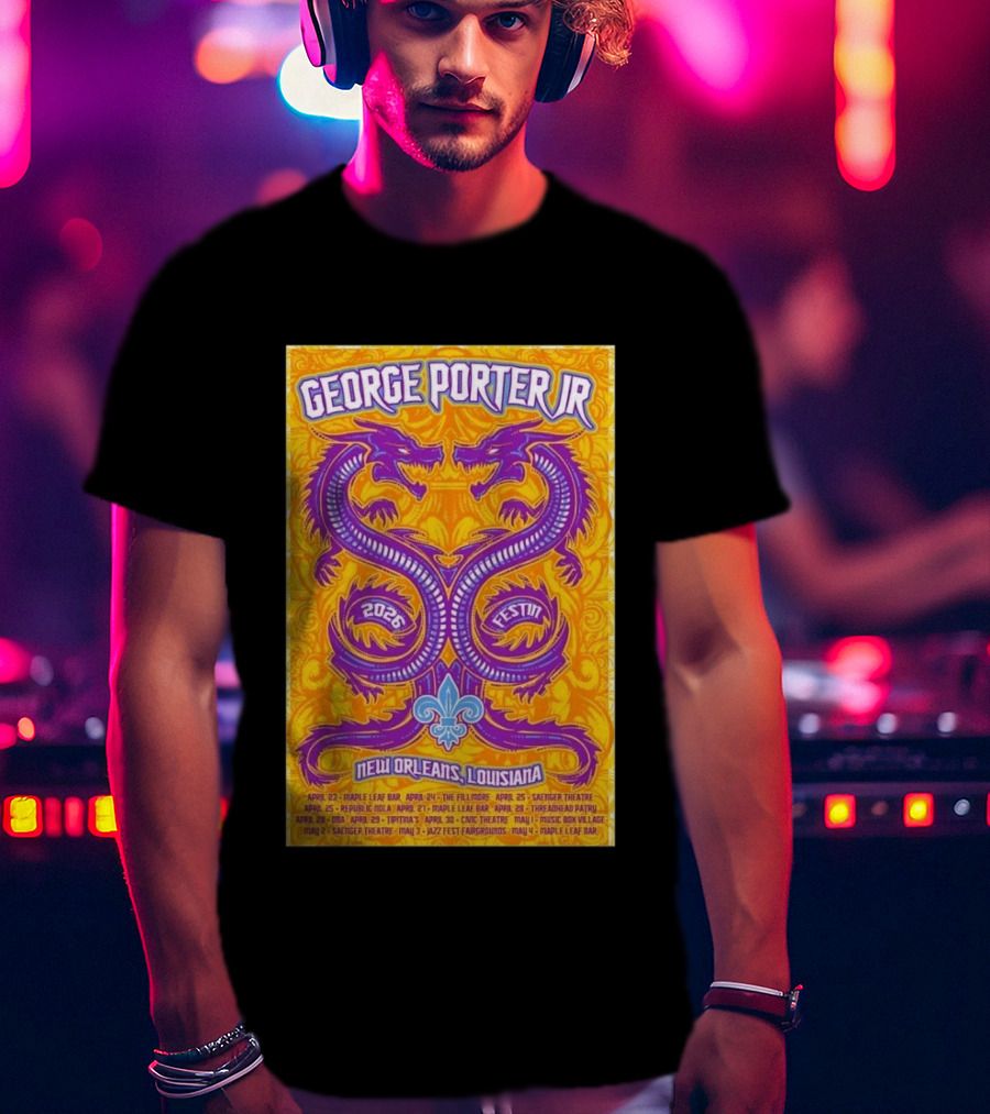George Porter JR 2026 Fest In New Orleans Louisiana With Dragons And Fleur De Lis T-Shirt