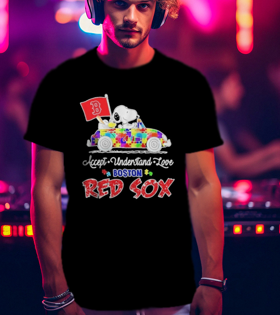 Snoopy Woodstock Boston Red Sox Driving Car Autism Awareness Accept Understand Love 2026 T-Shirt