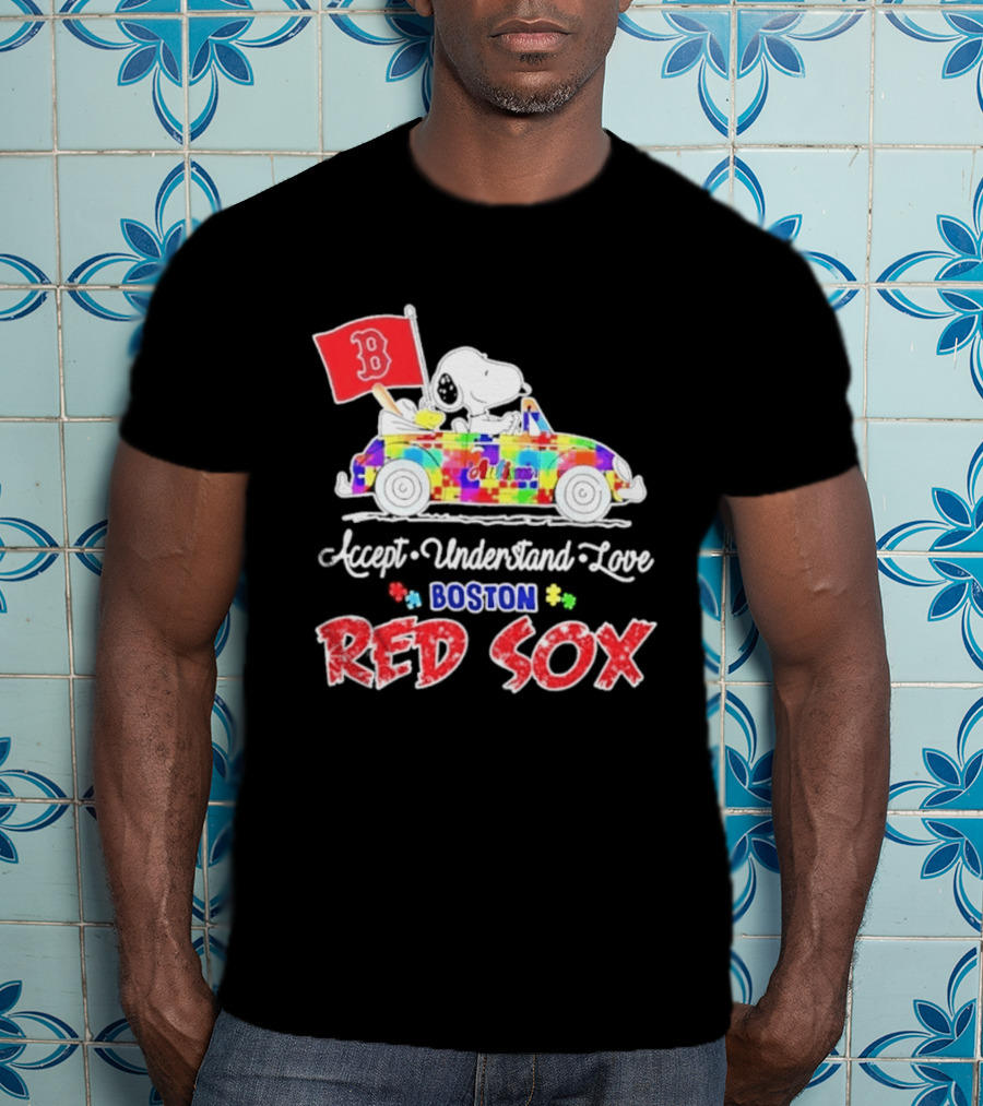 Snoopy Woodstock Boston Red Sox Driving Car Autism Awareness Accept Understand Love 2026 T-Shirt