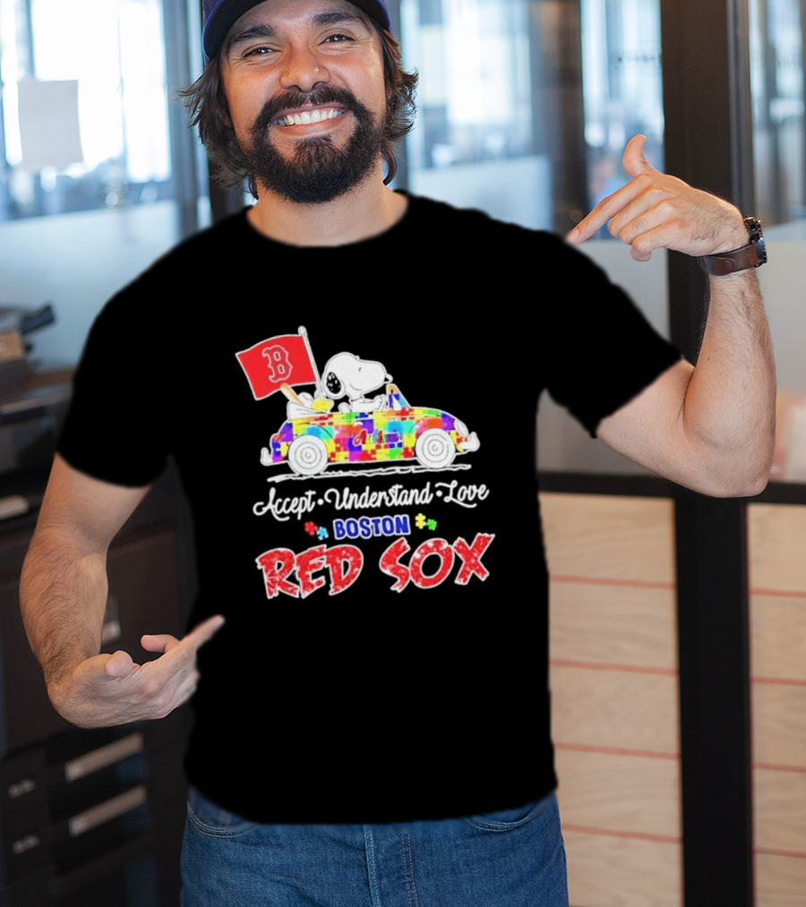 Snoopy Woodstock Boston Red Sox Driving Car Autism Awareness Accept Understand Love 2026 T-Shirt
