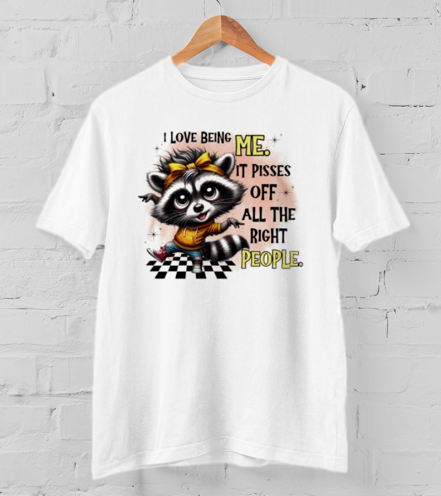 Raccoon I Love Being Me It Pisses Off All The Right People Yellow Bandana Denim Sneakers T-Shirt