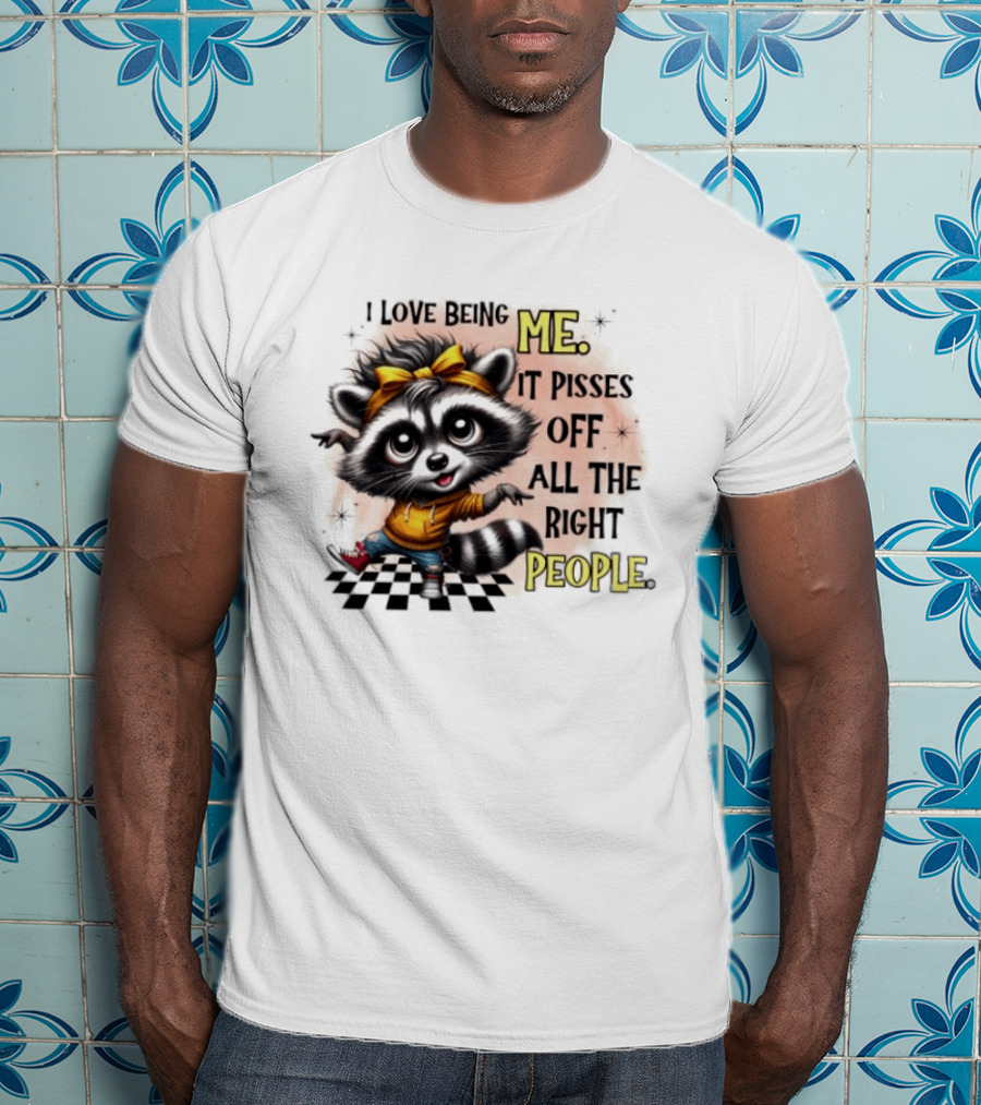Raccoon I Love Being Me It Pisses Off All The Right People Yellow Bandana Denim Sneakers T-Shirt