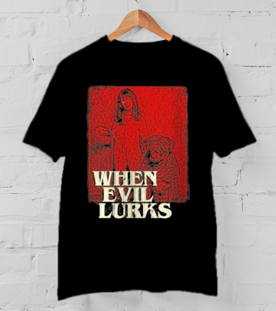 When Evil Lurks Red Background Girl With Bear T-Shirt