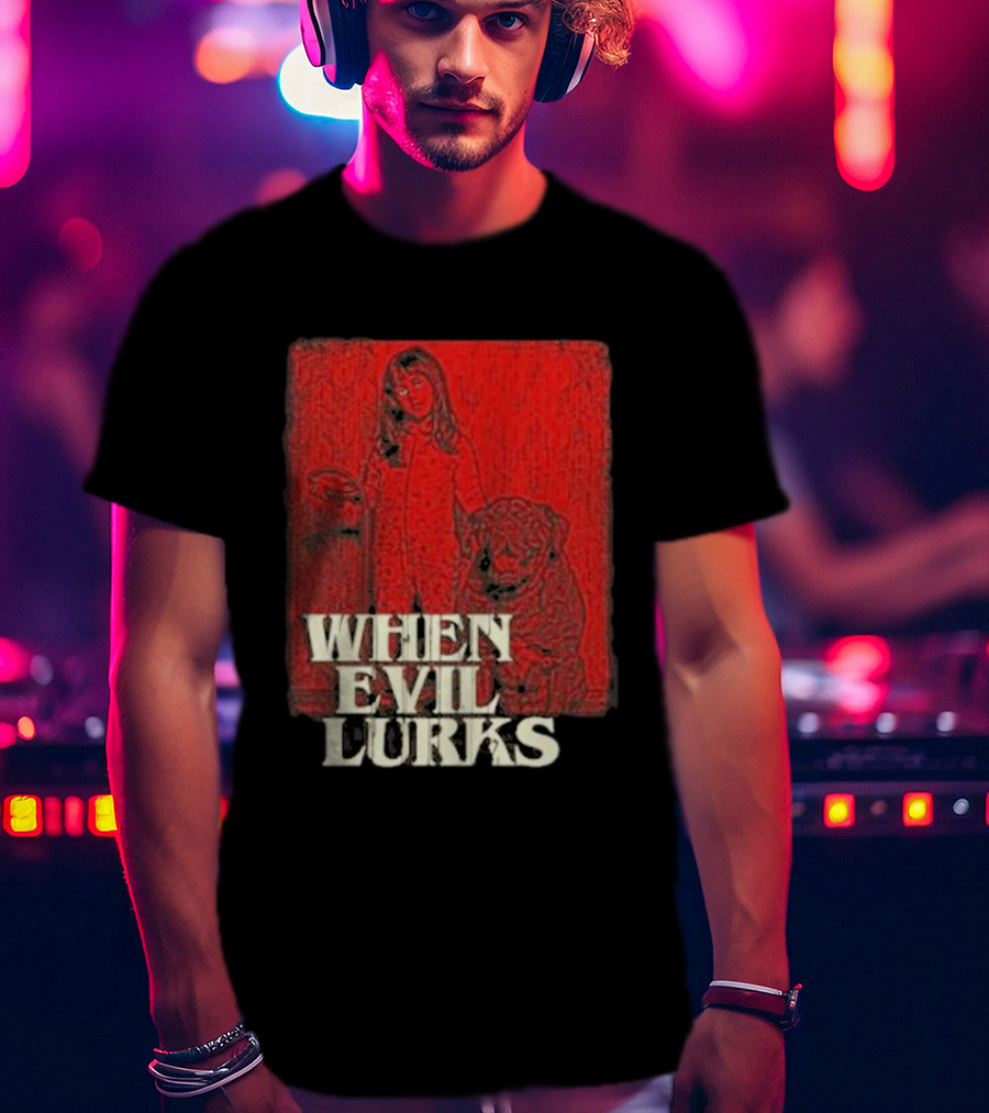 When Evil Lurks Red Background Girl With Bear T-Shirt