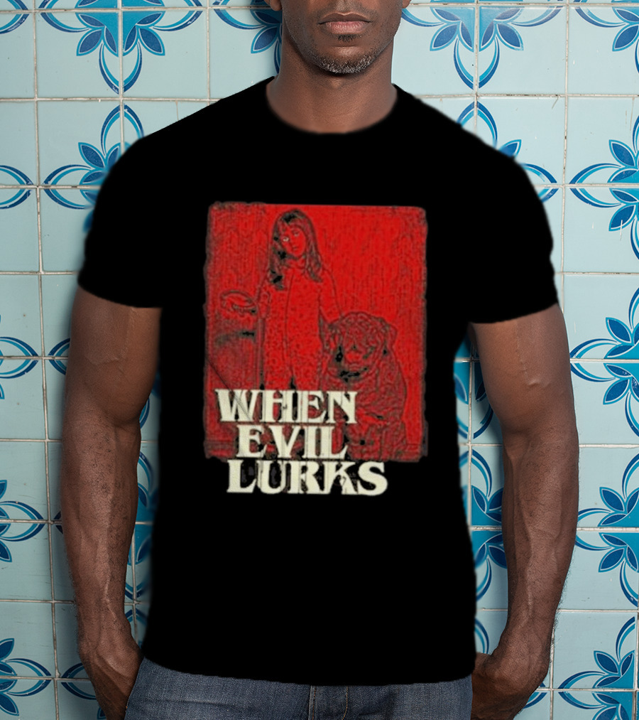 When Evil Lurks Red Background Girl With Bear T-Shirt