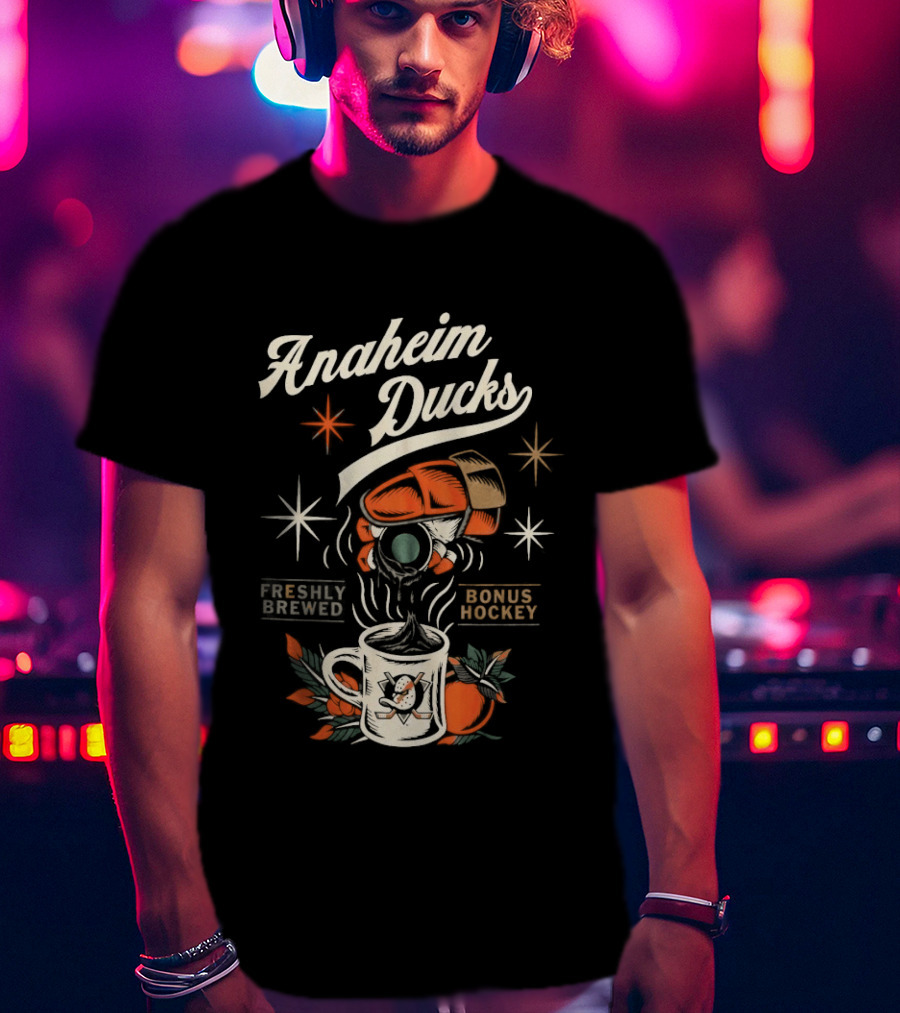 Anaheim Ducks Freshly Brewed Bonus Hockey Coffee Motif T-Shirt