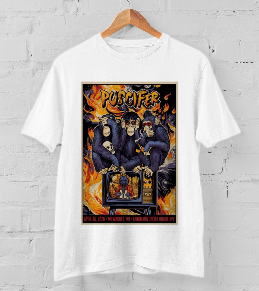 Puscifer April 26 2026 Milwaukee WI Landmark Credit Union Live Monkeys TV Flames T-Shirt
