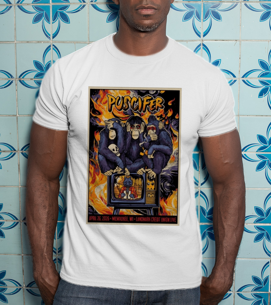 Puscifer April 26 2026 Milwaukee WI Landmark Credit Union Live Monkeys TV Flames T-Shirt