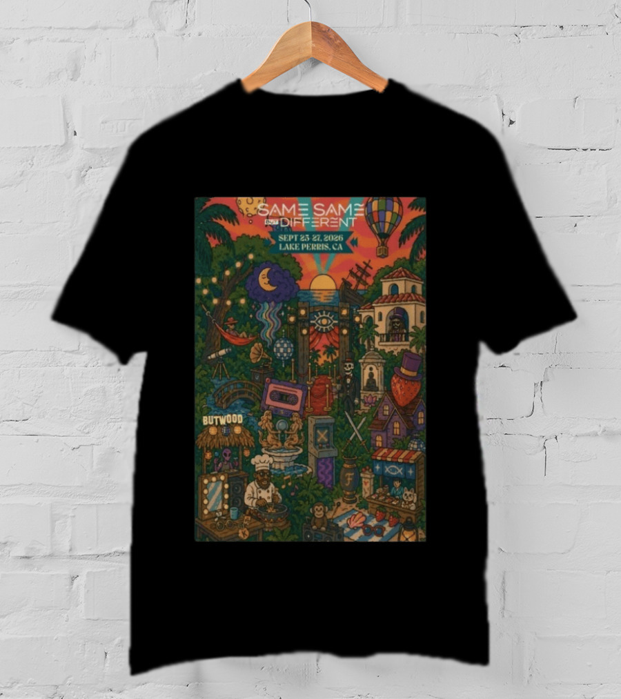 Same Same But Different Festival September 25 27 2026 Lake Perris CA Hot Air Balloon Tropical Landscape T-Shirt