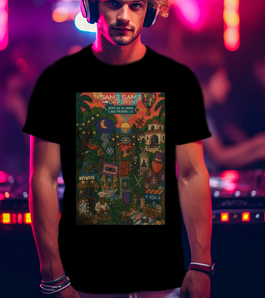Same Same But Different Festival September 25 27 2026 Lake Perris CA Hot Air Balloon Tropical Landscape T-Shirt