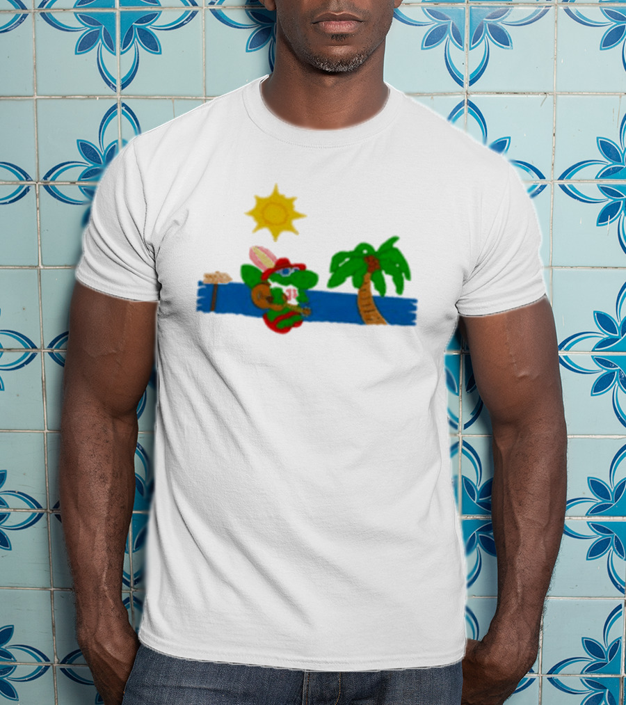 Jimmy Buffett Gator With Guitar By Palm Tree And Sun T-Shirt