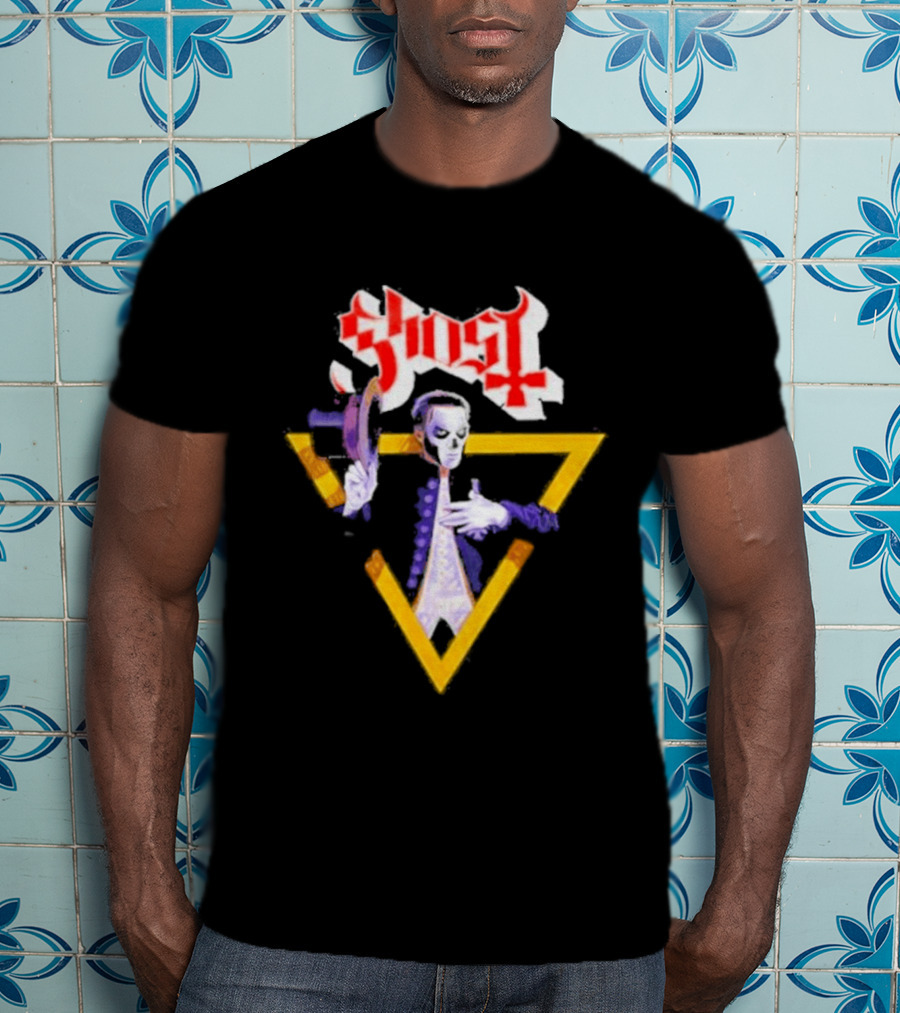 Ghost Papa Emeritus Holding Microphone With Red Gothic T-Shirt