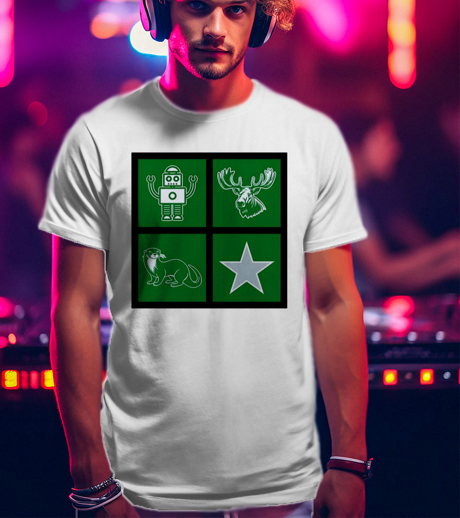Robot Moose Otter Star Quadrant On Green T-Shirt