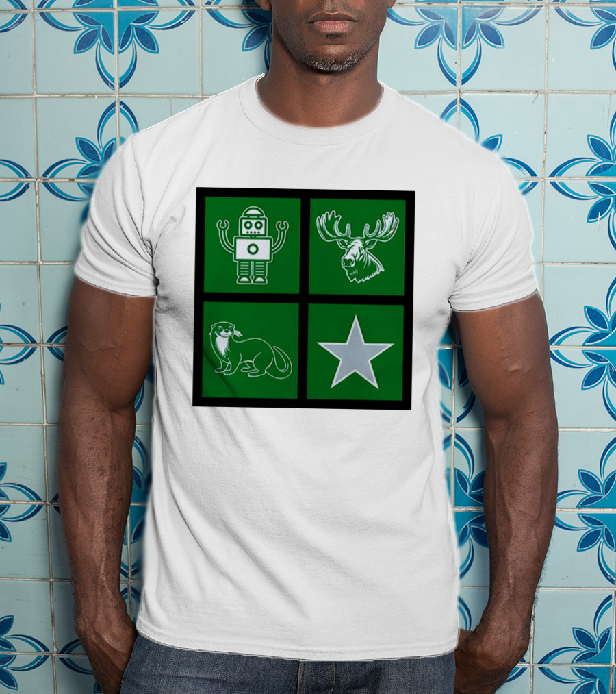 Robot Moose Otter Star Quadrant On Green T-Shirt