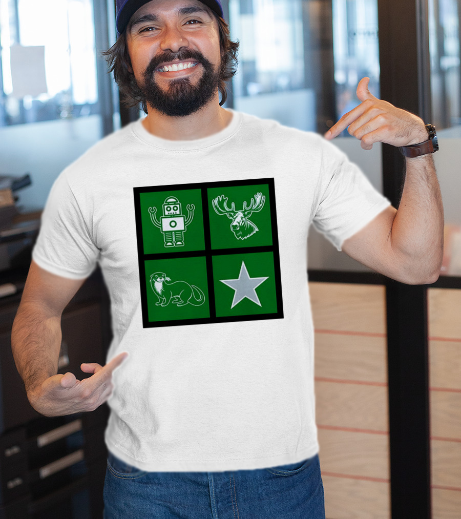 Robot Moose Otter Star Quadrant On Green T-Shirt