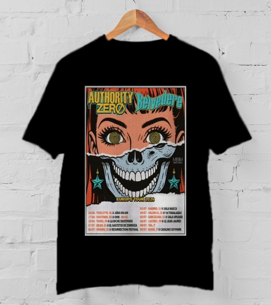 Authority Zero Belvedere Europe Tour 2026 Featuring Futuristic Comic Art Style With Date And Venue List T-Shirt