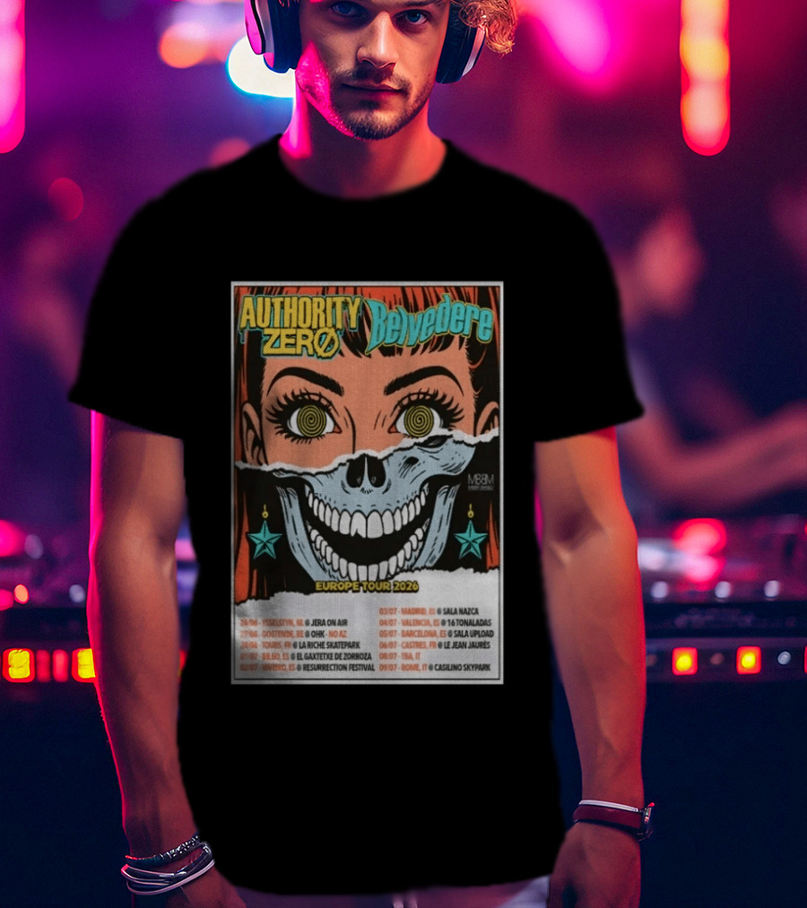 Authority Zero Belvedere Europe Tour 2026 Featuring Futuristic Comic Art Style With Date And Venue List T-Shirt