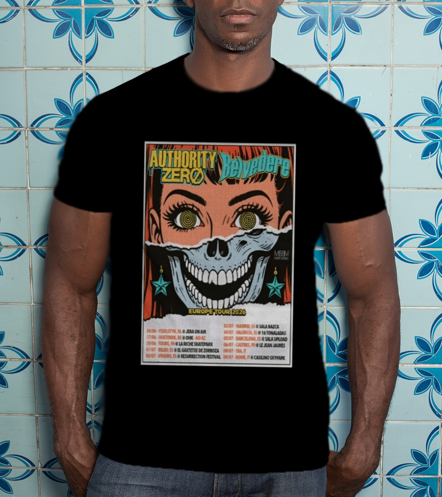 Authority Zero Belvedere Europe Tour 2026 Featuring Futuristic Comic Art Style With Date And Venue List T-Shirt